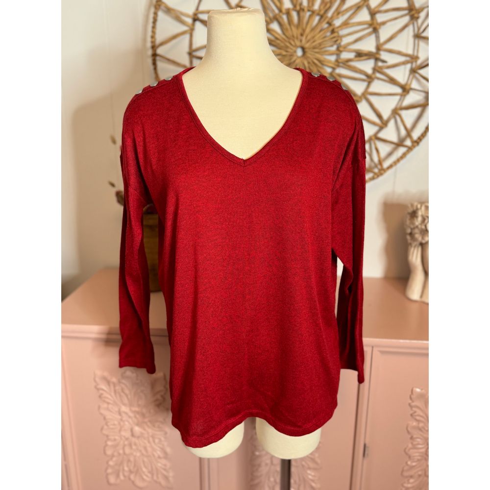 Women's Red V Neck Sweater Size Medium, Cute Metal Buttons On Top Of Sleeves.